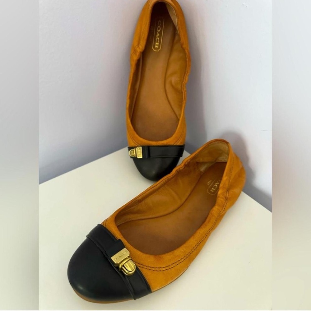 Coach Delphine Brown and Black Leather Ballet Flats w/ Gold Hardware